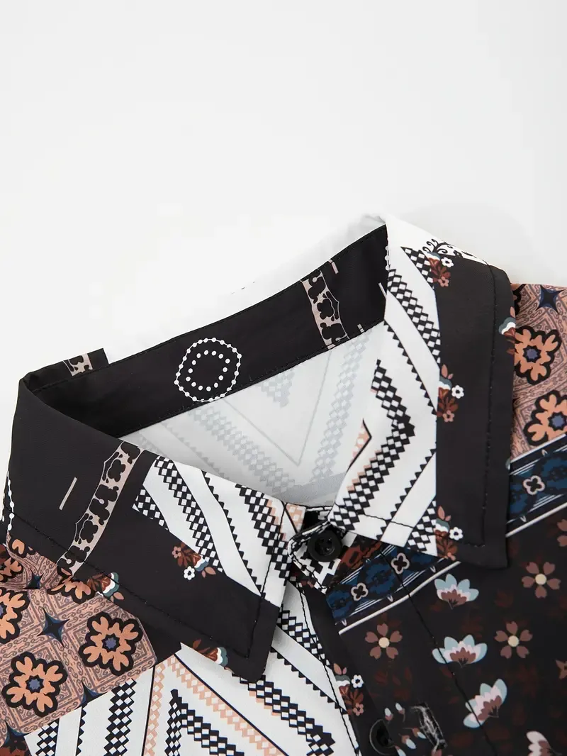 2-piece Men's Casual Summer Outfit Set, Geometric Pattern Print Short Sleeve Button Up Lapel Shirt Top & Solid Drawstring Pants With Pockets