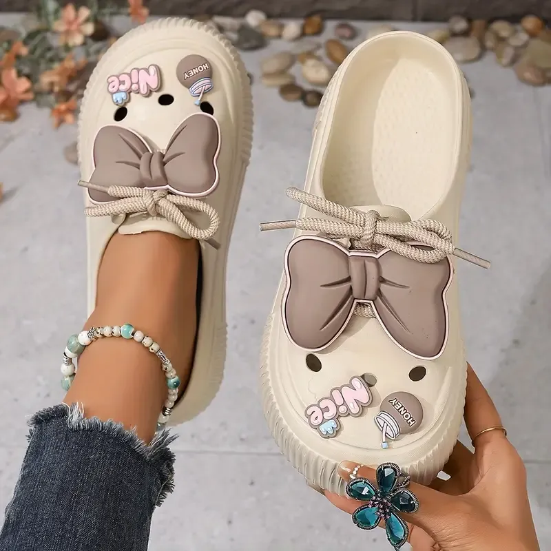 Women's PVC Cute Diy Clogs, Platform Lace Up Soft Sole Bowknot Decor Shoes, Closed Toe Summer Beach & Garden Mules
