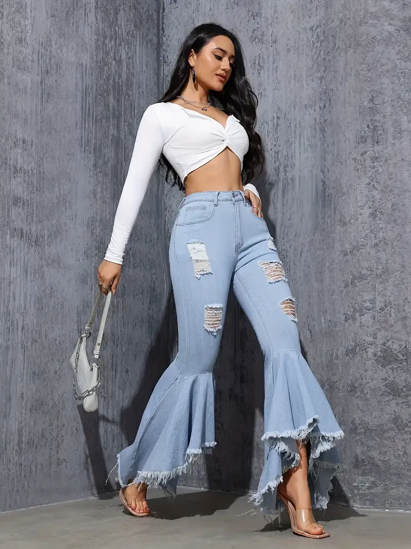 Ripped Raw Hem Flare Leg Bell Bottom Stylish Distressed Plain Washed Blue Elegant Jeans Denim Pants, Women's Denim Jeans & Clothing For Autumn