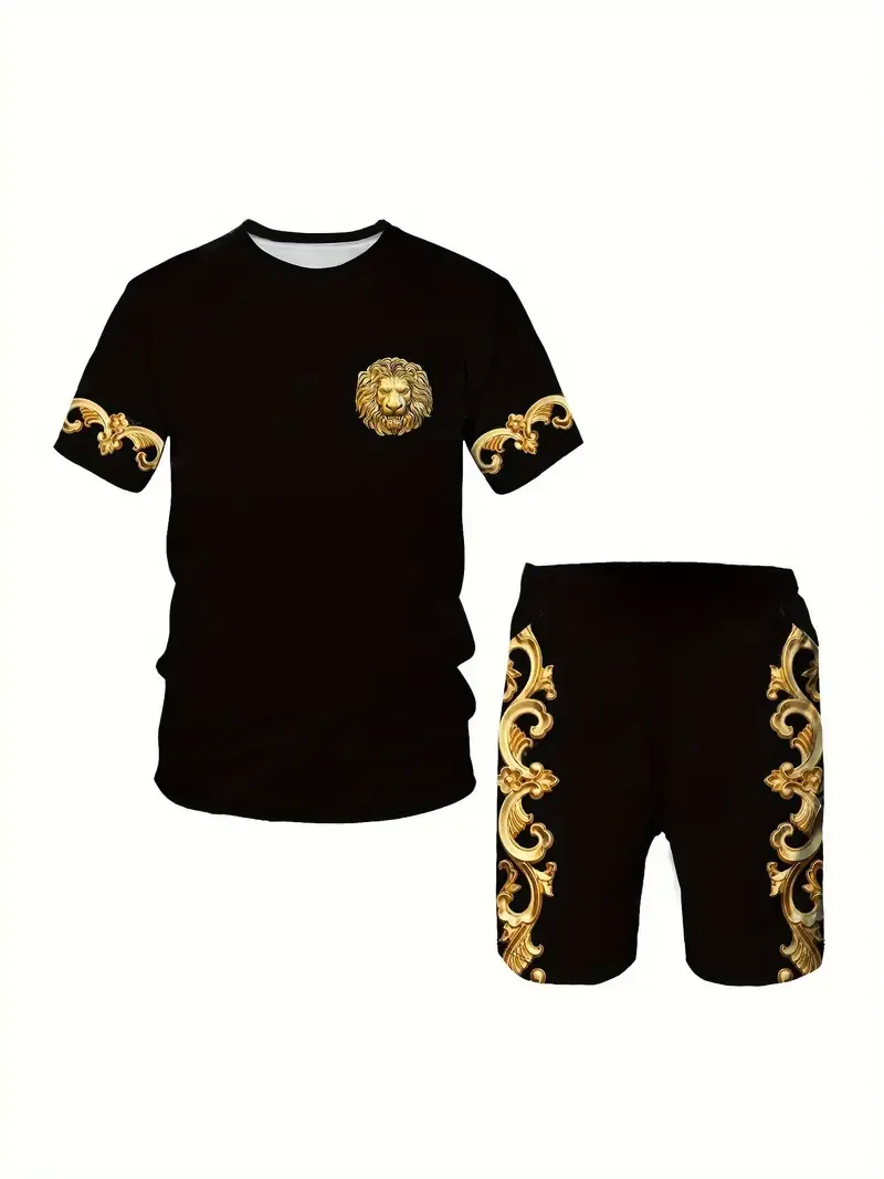 2-piece Men's Vintage Floral Print Summer Outfit Set, Men's Stretch Short Sleeve T-shirt & Sports Shorts Set