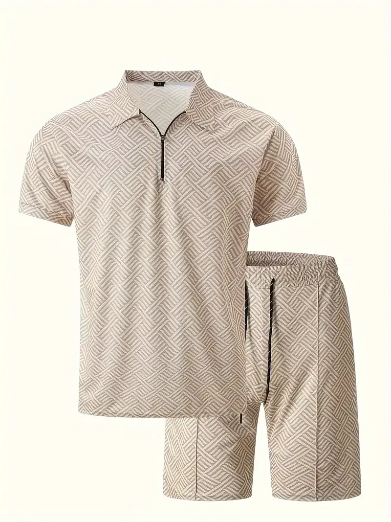 2pcs Men's Solid Full Digital Print Summer co ord set, Casual Style Zipper Lapel Short Sleeve Shirt And Matching Shorts Set, Summer Hawaiian Holiday