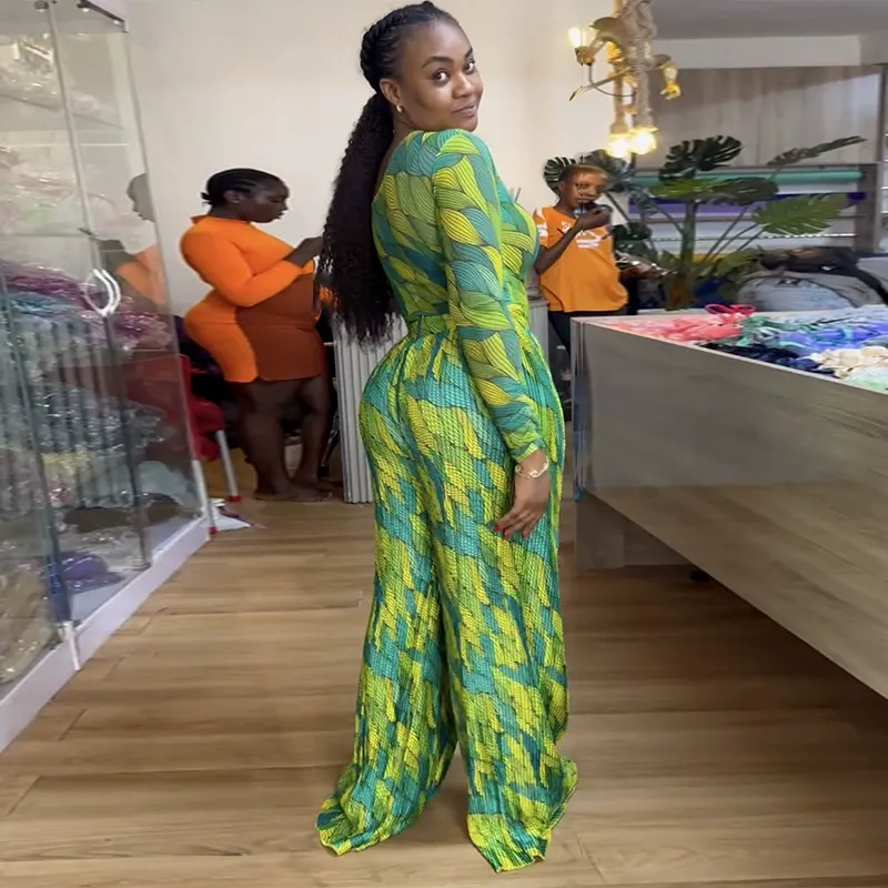 2025 Spring New Printed Slant Collar Long Sleeve Top Wide Leg Pants Pleated Suit