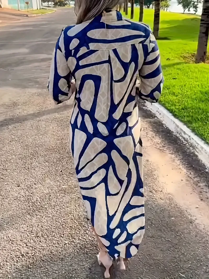 Vibrant Allover Print Long Sleeve Shirt Dress - Elegant