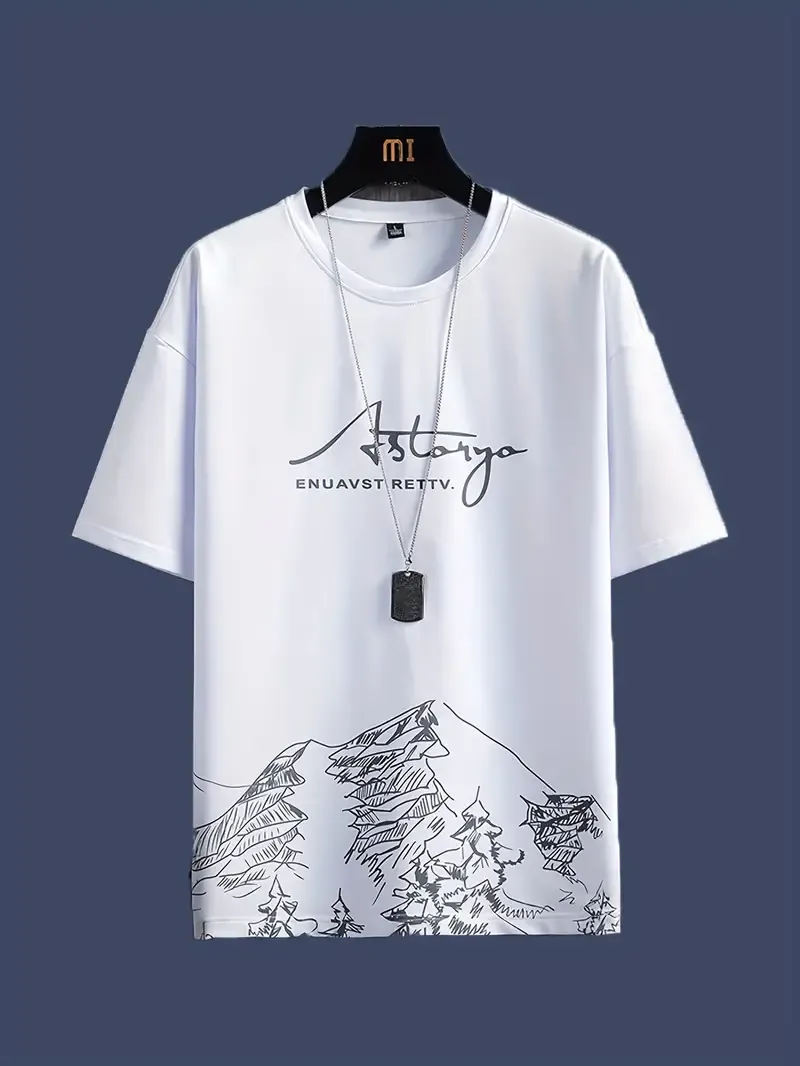 2pcs, Men's Mountains And Trees Print Outfit, T-shirt & Shorts Set, Men's Clothes For Summer
