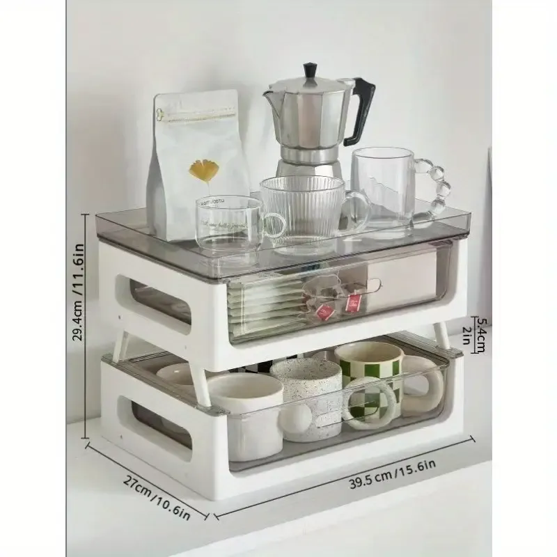 PVC Multi-Drawer Coffee Station Organizer, Cup and Snack Storage Rack with Tea Bag Compartment, Beverage Station Organizer, Kitchen Countertop Espresso Pod Holder