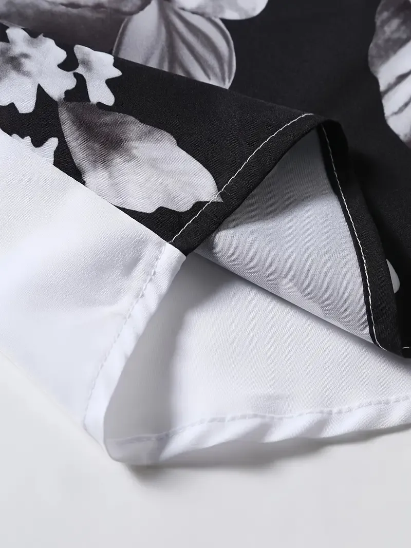 Men's Casual Polyester Shirt with Tropical Print, Short Sleeve Button-Down with Lapel Collar, Slight Stretch Fabric, Regular Fit, Summer Woven Shirt for Adults