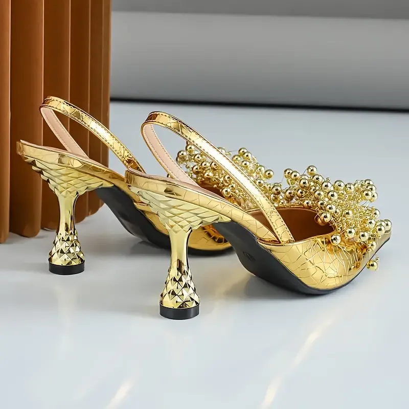 Women's Beaded Decor Sandals, Ankle Strap Casual Chunky Heel Party Show Shoes, Point Toe Lightweight Shoes