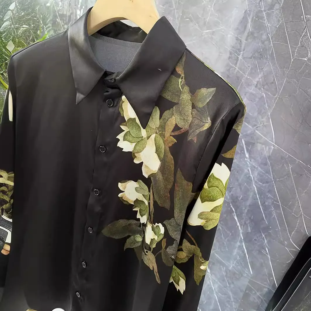 Black printed silk blouse with long sleeves made of mulberry silk