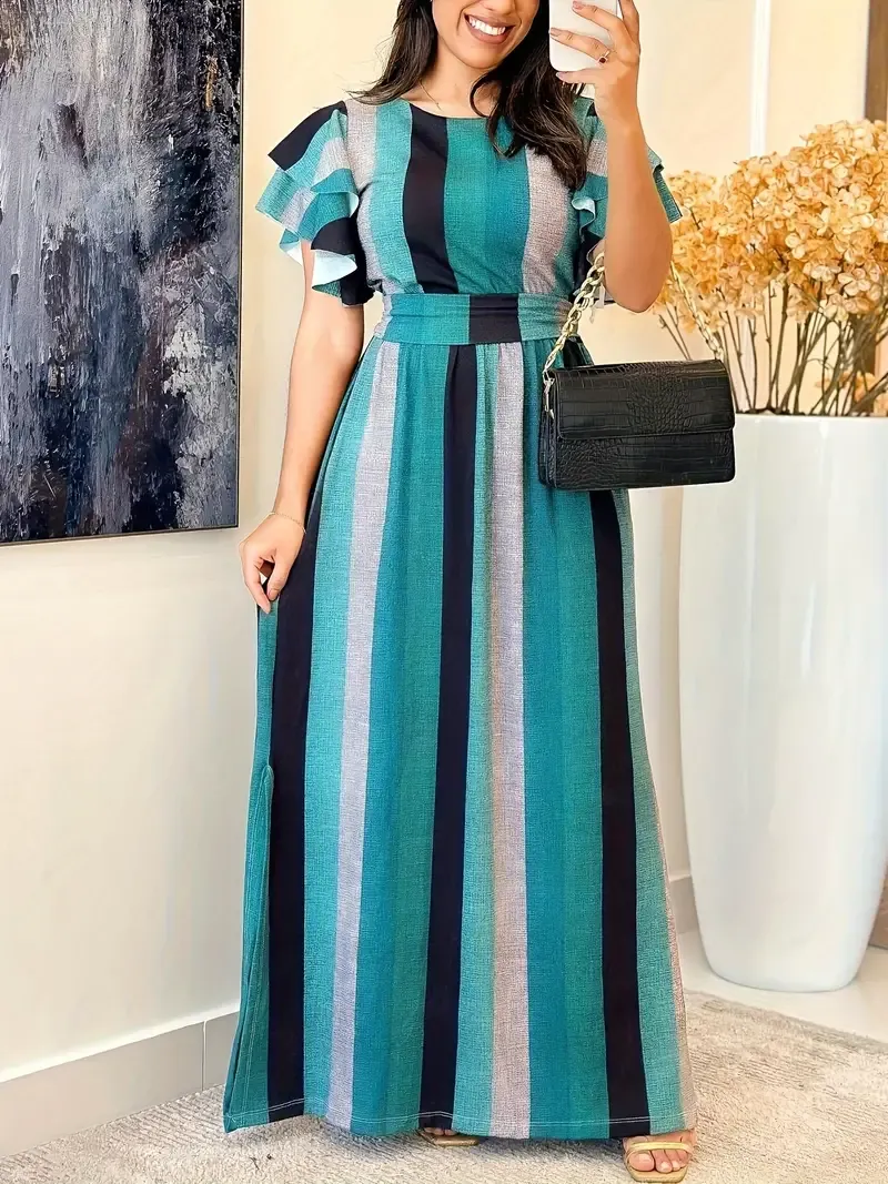 For Spring & Summer, Cinched Waist A-line Maxi Striped Crew Neck Dress, Elegant Ruffle Sleeve Women's Clothing