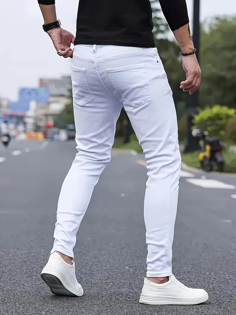 Men's Solid Slim Fit Pants For Outdoor Daily Life, Trend Casual Trousers For Males