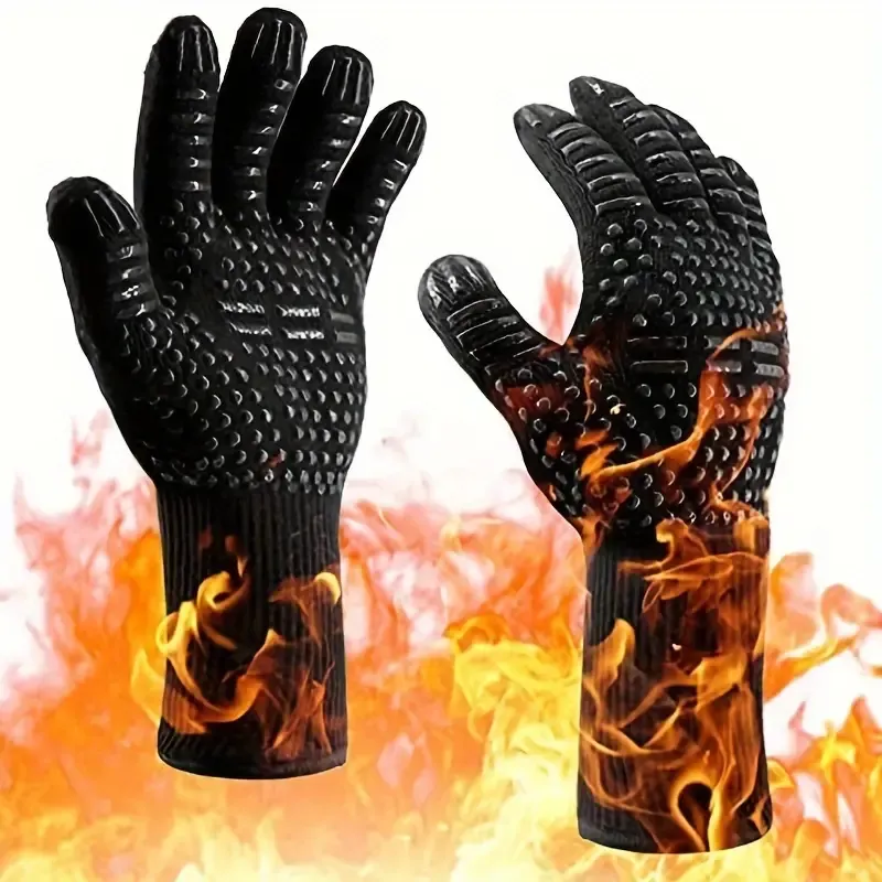 1 pair Fireproof Oven Gloves - Heat Resistant, Cut-Resistant, Non-Slip, Silicone BBQ Gloves for Men - Kitchen Safe Cooking Gloves for Smoker, Grill, Baking, Outdoor Camping, Picnic, Cookware Barbecue Tool Accessories