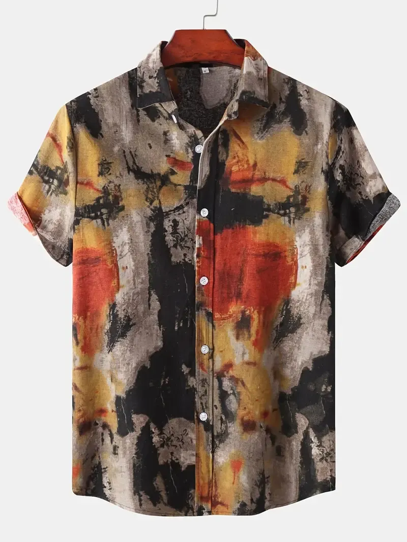 Retro Oil Painting Style Random Print Men's Casual Comfy Short Sleeve Lapel Shirt, Summer Holiday