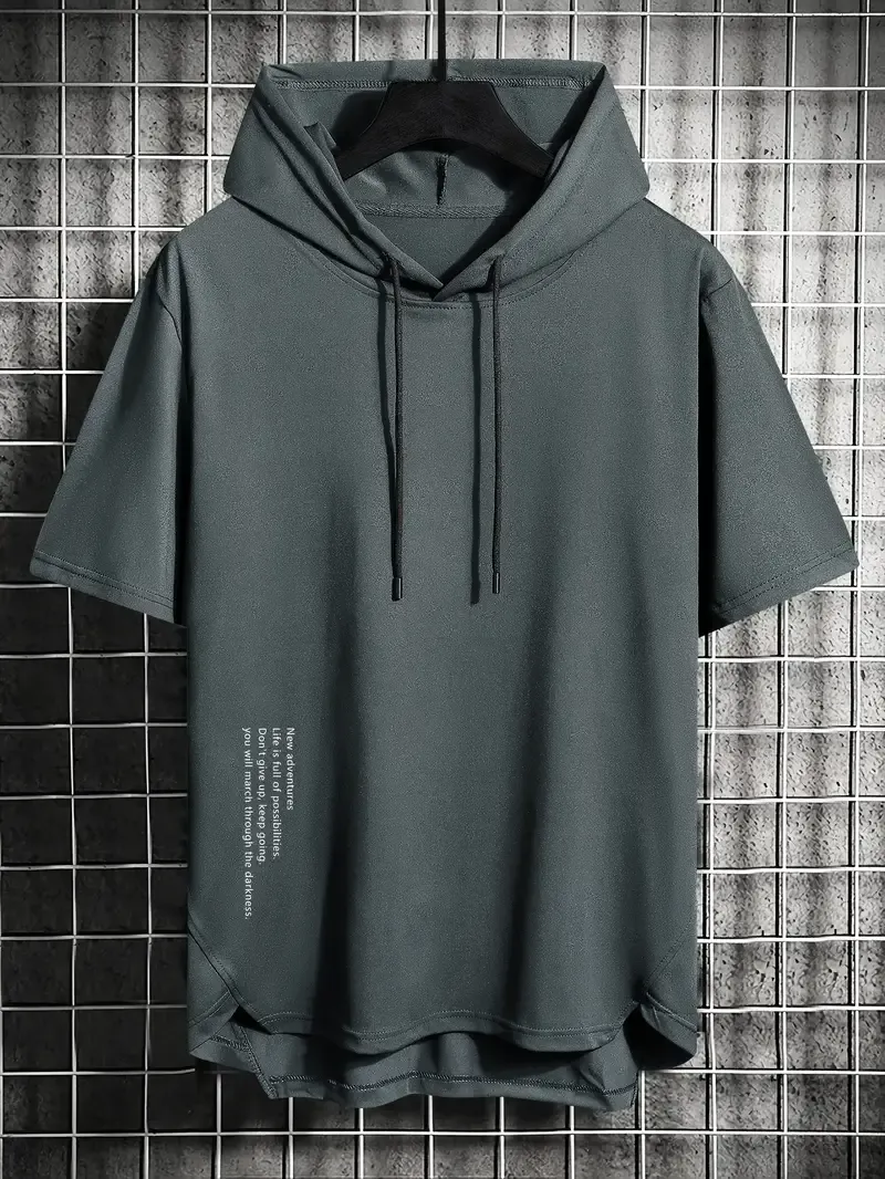 Men's Letter Print Hooded Short Sleeve T-shirt, Casual And Trendy Sports Tops For Summer Street And Fitness Wear