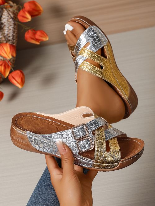 Color matching belt buckle slippers for women su