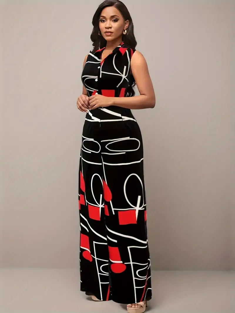 Geo Print Button Front Jumpsuit, Elegant Sleeveless Jumpsuit For Spring & Summer, Women's Clothing