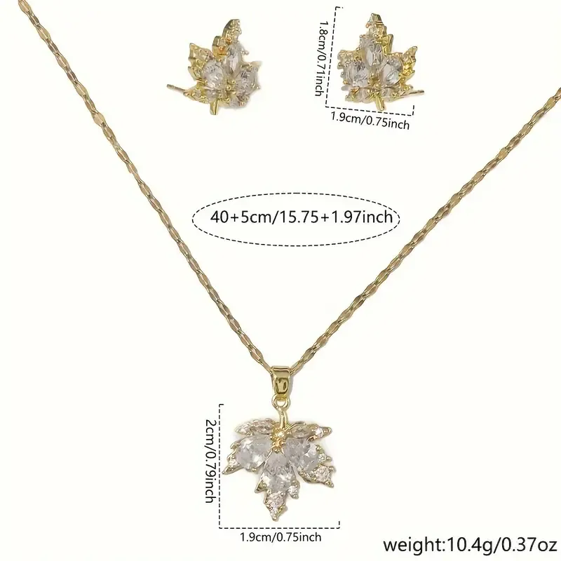 1 Pair Zirconia Inlaid Copper Jewelry Set: Stud Earrings + 1 Pc Necklace with Golden Maple Leaf Design, Vintage Elegant Style, Trendy Female Gift