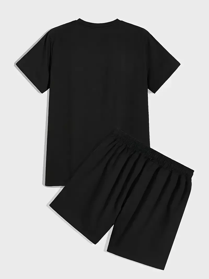 Fashion 2-piece Men's Letter Digital Print Outfit Set, Men's Short Sleeve Round Neck T-shirt & Casual Shorts Set For Summer Outdoor