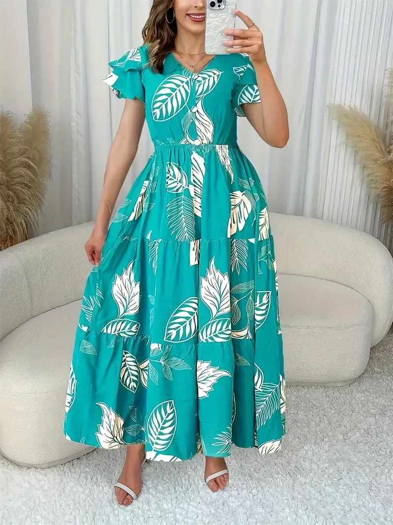 Feather Print V Neck Dress, Elegant Tiered Sleeve Midi Dress For Spring & Summer, Women's Clothing