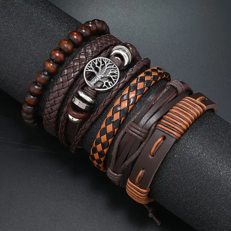 6pcs Woven Men's Multi-layer Faux Leather Bracelet, Coffee Color Retro Minimalist Life Tree Bracelet
