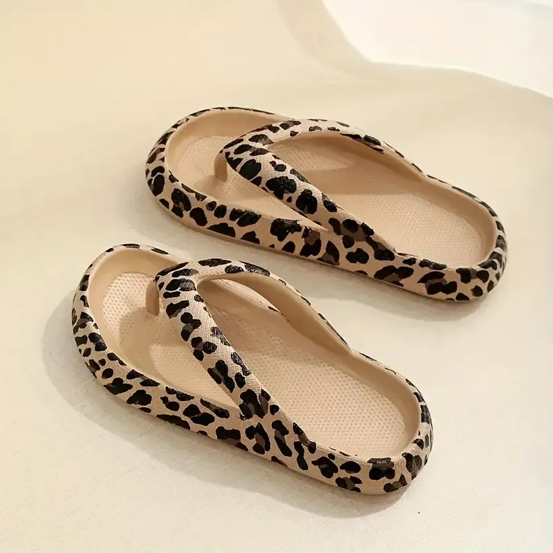 Women's Leopard Print Flip-Flops, Comfortable Non-Slip Beach Sandals, Fashionable Herringbone Slippers for Outdoor Summer Wear