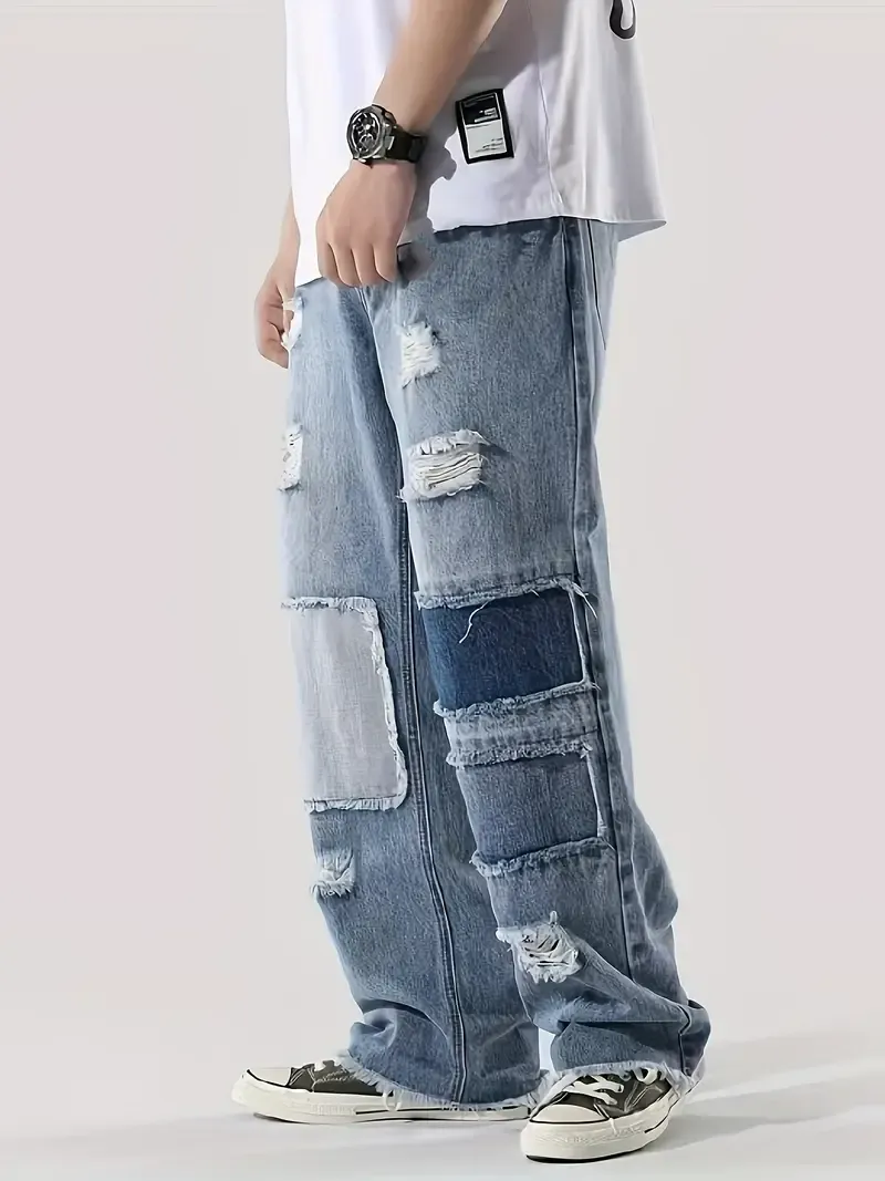 Loose Fit Men's Casual Denim Pants, Chic Street Style Patchwork Jeans K-pop