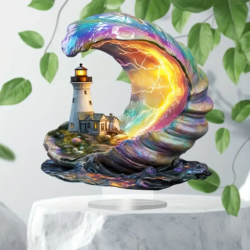 Acrylic Boho Lighthouse in Shell Tabletop Decor, Multipurpose Bohemian Style Sign & Plaque for Home, Office, Cafe, Porch, Room Decor, Unique  Gift