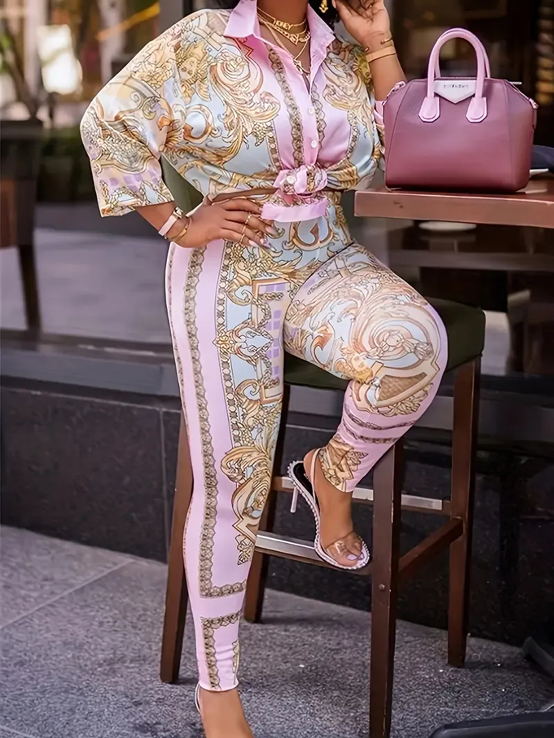Boho Outfits Two Piece Set, Women's Plus Baroque Print Button Up Half Sleeve Turn Down Collar Blouse & Pants Outfits 2 Piece Set