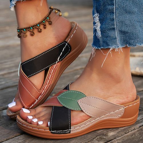 Summer Chic Womens Low Heel Colorblock Slide Sandals