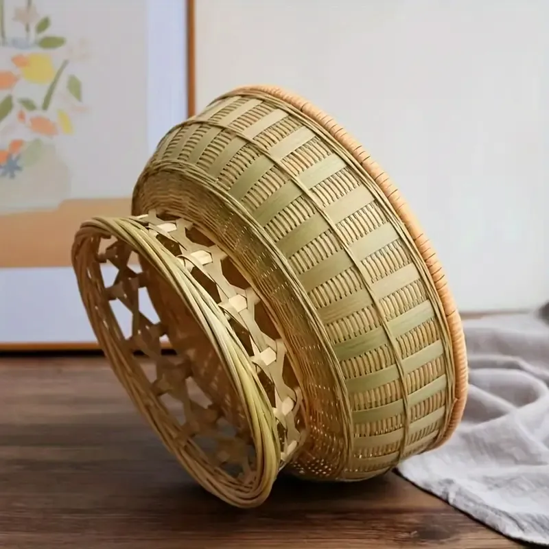 1 pc Handcrafted Bamboo Woven Basket for Snacks & Fruits - Elegant High-Foot Design, Perfect for Kitchen Organization