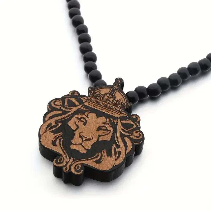 Cool Wood Lion King Beaded Chain Necklace, With Laser Carved Natural Wooden Pendant, Hip-hop Collar Accessories Awesome Gift