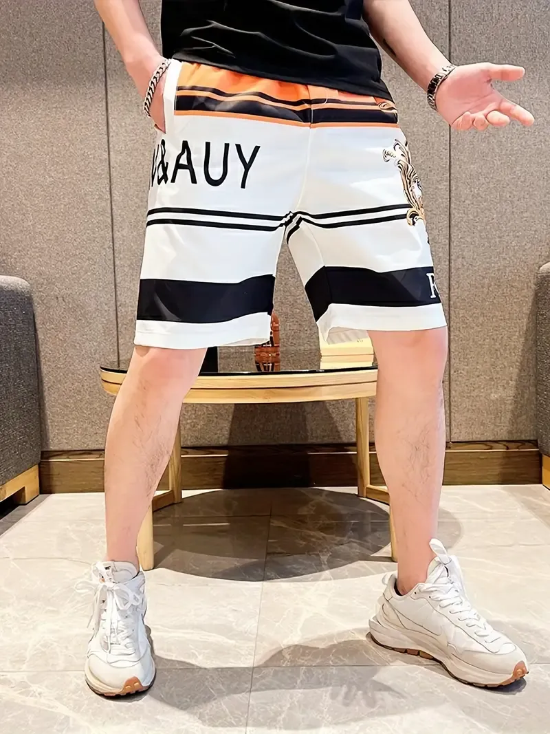 Men's shorts Summer trend European print straight leg casual quarter pants trend ice silk beach pants loose pants