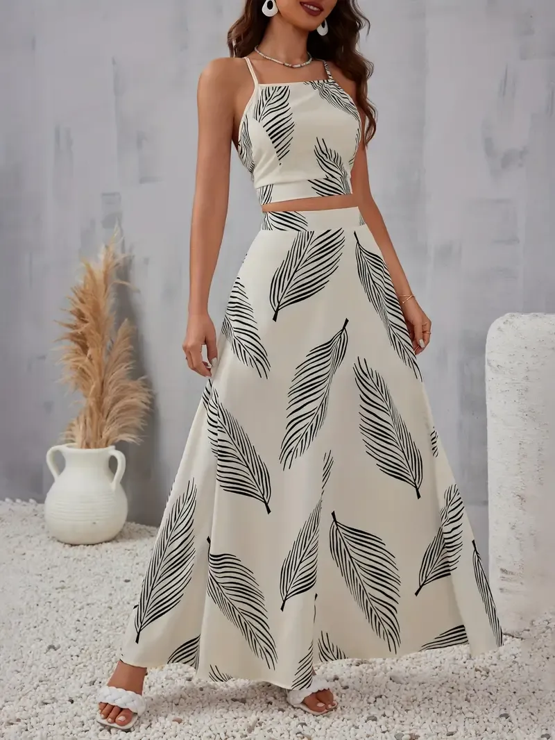 High Waist Tropical Print Crop Slim Halter Top & Flowy Skirt Set, Women's Vacation Clothing