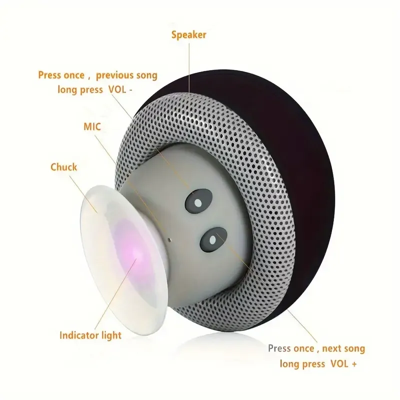 Mushroom Portable Wireless Speaker with Suction Cup Stand, Stereo Sound, Button Control, USB Rechargeable, 200mAh Battery, Wireless Compact Subwoofer for Smartphones Tablets, Great for Travel & Outdoor Use