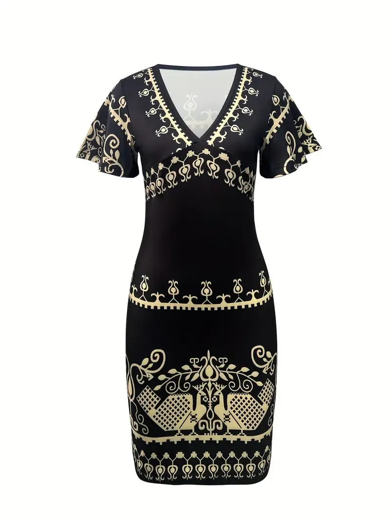 Trendy Graphic Print V Neck Dress