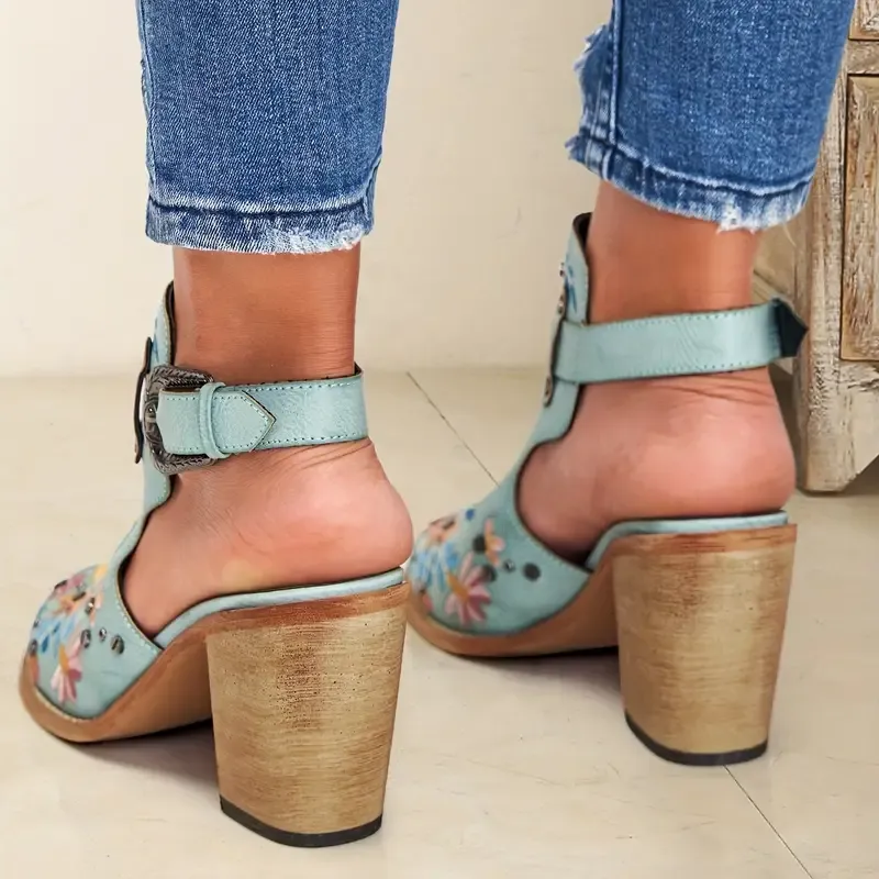 Women's Embroidered & Studded Decor Chunky Heeled Boots, Slingback Faux Leather Ankle Boots, Women's Footwear