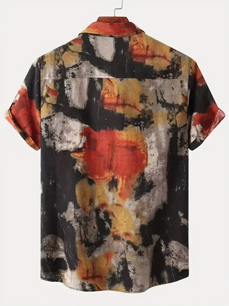Retro Oil Painting Style Random Print Men's Casual Comfy Short Sleeve Lapel Shirt, Summer Holiday