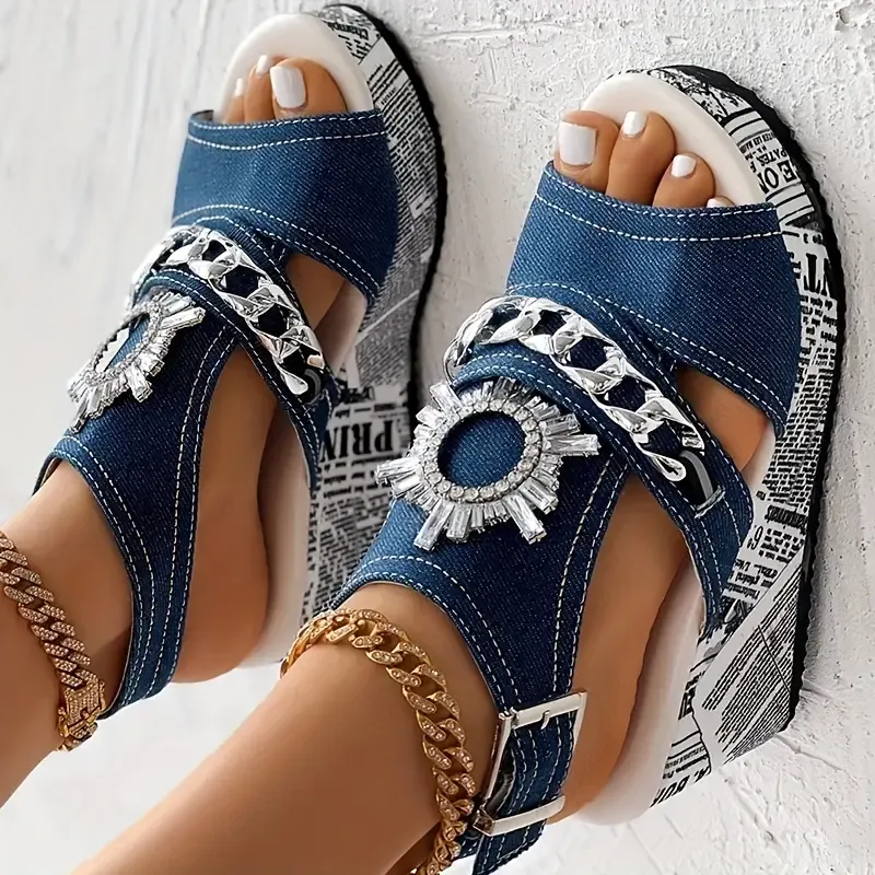 Women's Chain & Rhinestone Decor Sandals, Slingback Peep Toe Ankle Strap Buckle Wedge Shoes, Summer Platform Sandals