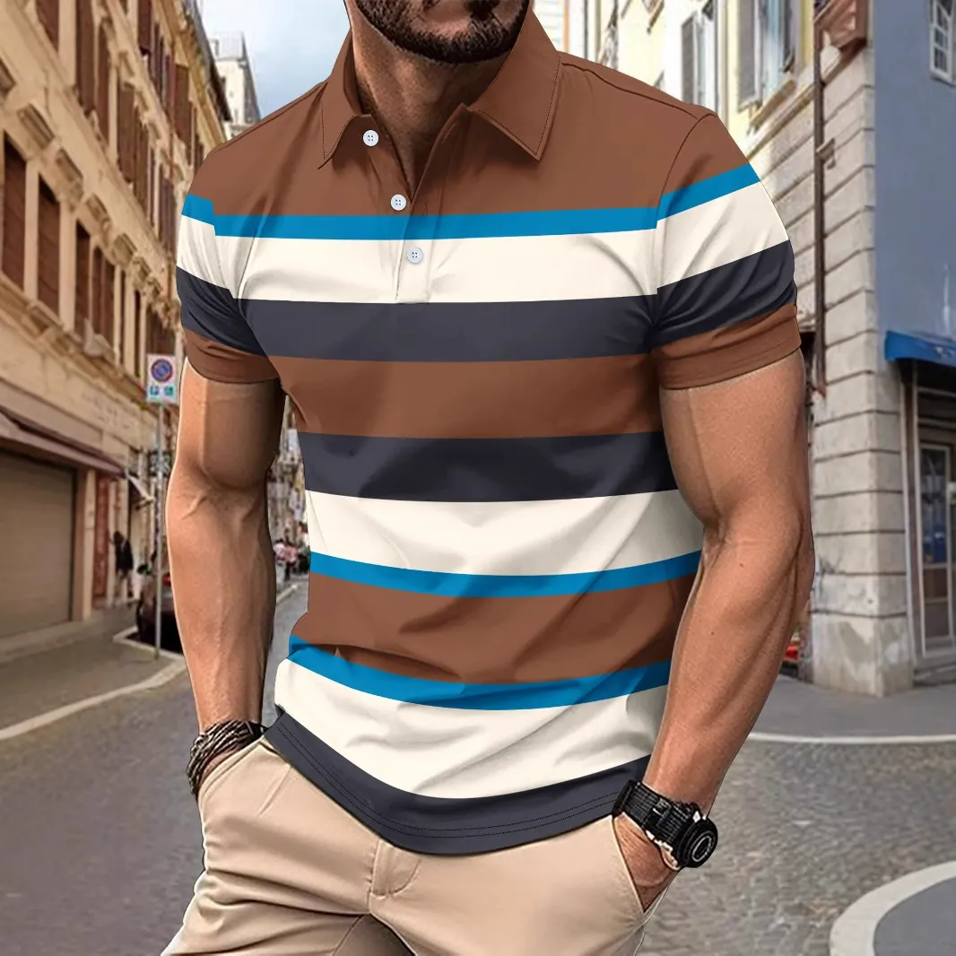 POLO shirt with V-neck and buttons, business-style striped, versatile T-shirt top