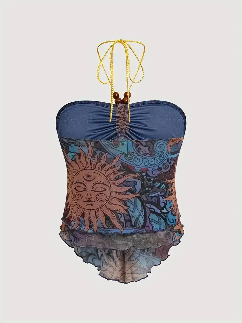 Graphic Print Drawstring Halter Top, Sexy Hanky Hem Backless Summer Top, Women's Clothing