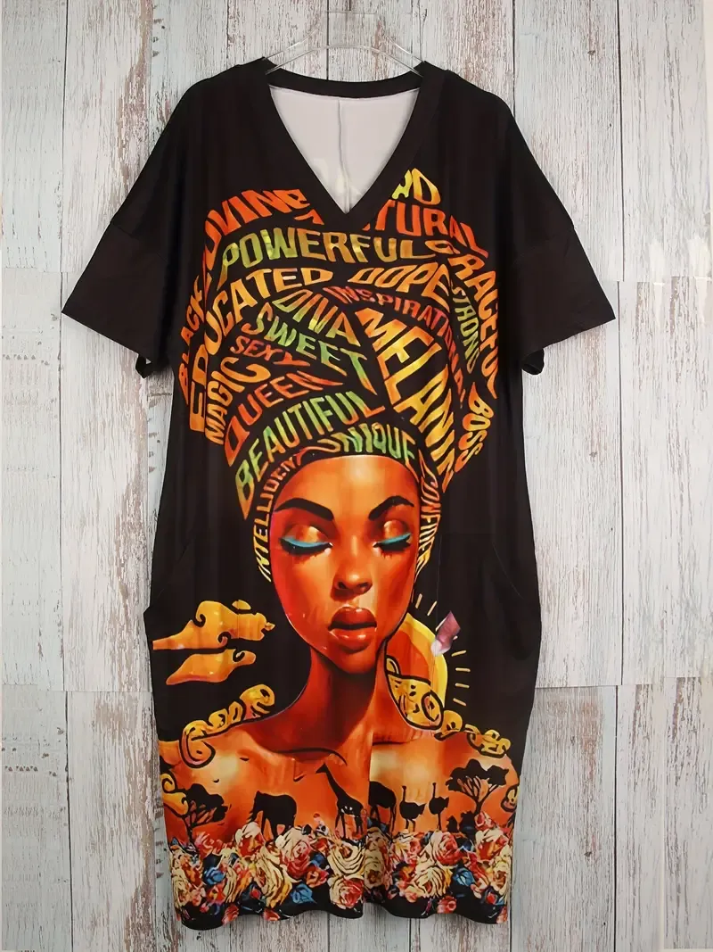Plus Size Woman & Letter Print Pocket Dress, Casual V Neck Short Sleeve Dress For Spring & Summer, Women's Plus Size Clothing