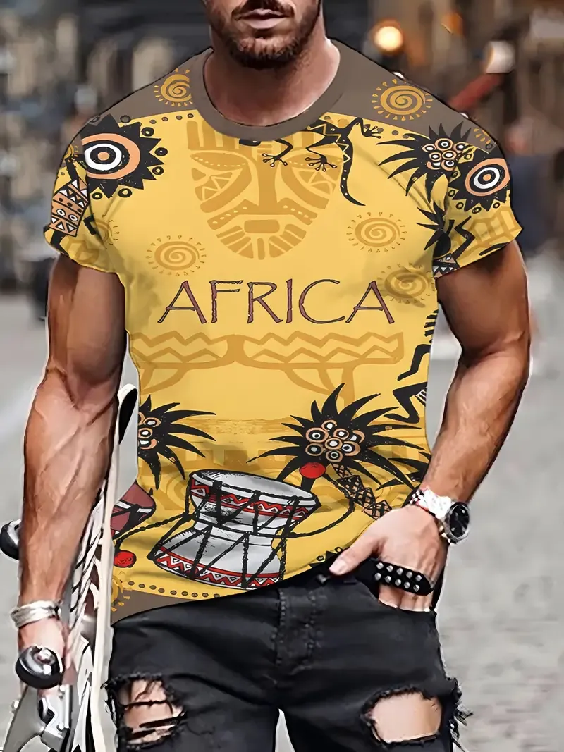 AFRICA Themed 3D Ethnic Pattern Print Men's Crew Neck Short