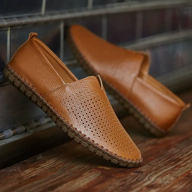 Men's Casual Loafers Low-Top Perforated Cowhide Driving Shoes