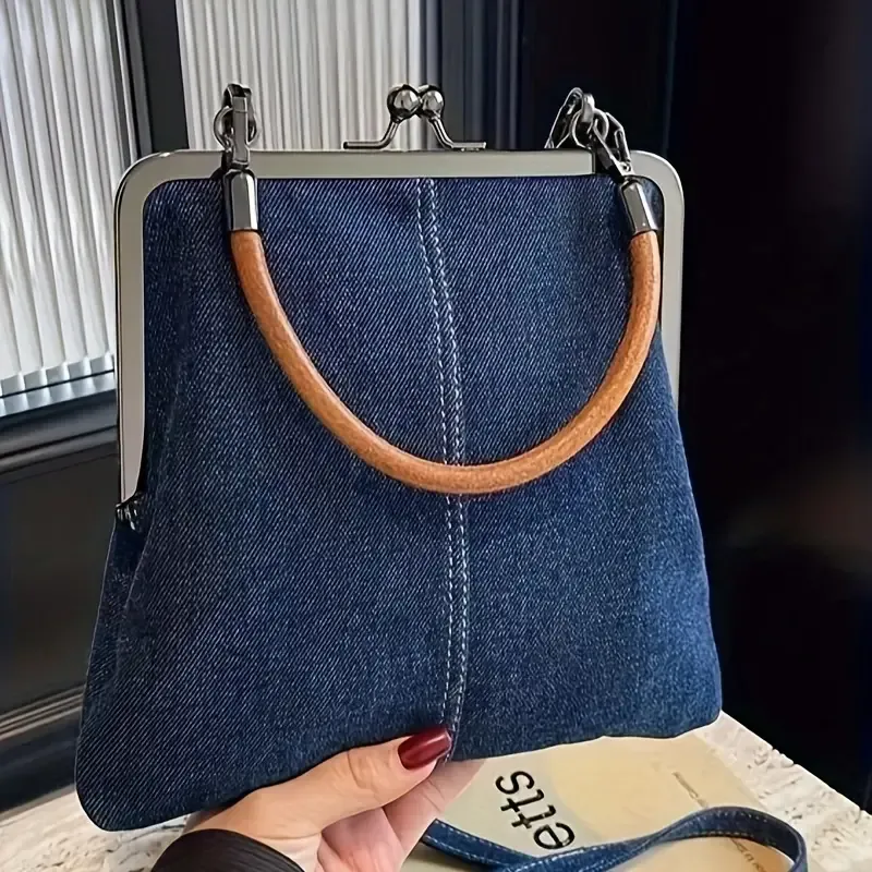 Chic Denim Crossbody Bag for Women with Twist Lock Closure, Detachable Strap & Tassel Accent - Handwashable, Lightweight Fashion Shoulder Purse