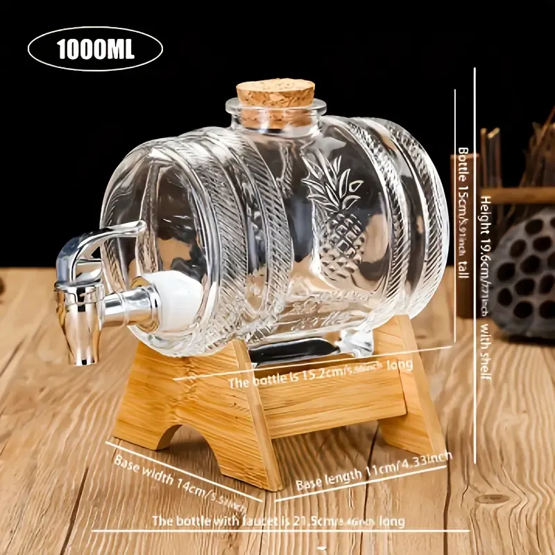 Thickened Transparent Glass Barrel with Spigot: 1000Ml Capacity, ABS Base, And Cork Stopper - Perfect for Serving Beverages at Parties Or Gatherings