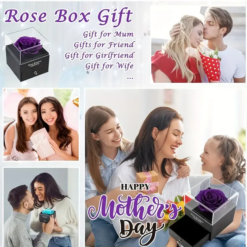 Rose Flower Gift Box Heart-Shaped Pendant Necklace