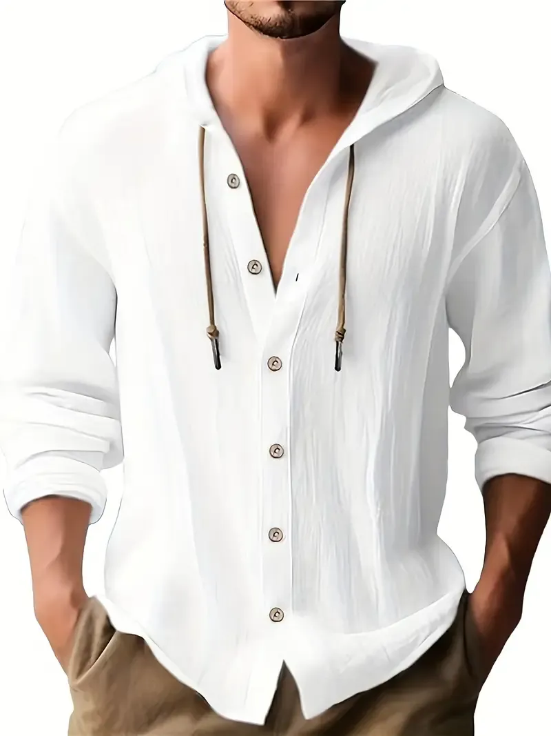 Chic Design Men's Solid Color Hooded Long Sleeve Button Up Coat Shirt, Casual And Trendy Pure Cotton Hoodie Jacket For Spring And Autumn Daily And Outdoors Leisurewear