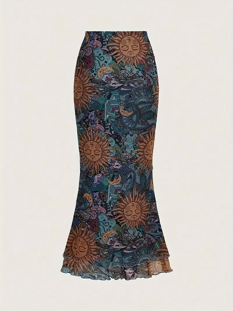 Sun Print High Waist Mermaid Skirt, Y2K Bodycon Skirt For Spring & Summer, Women's Clothing