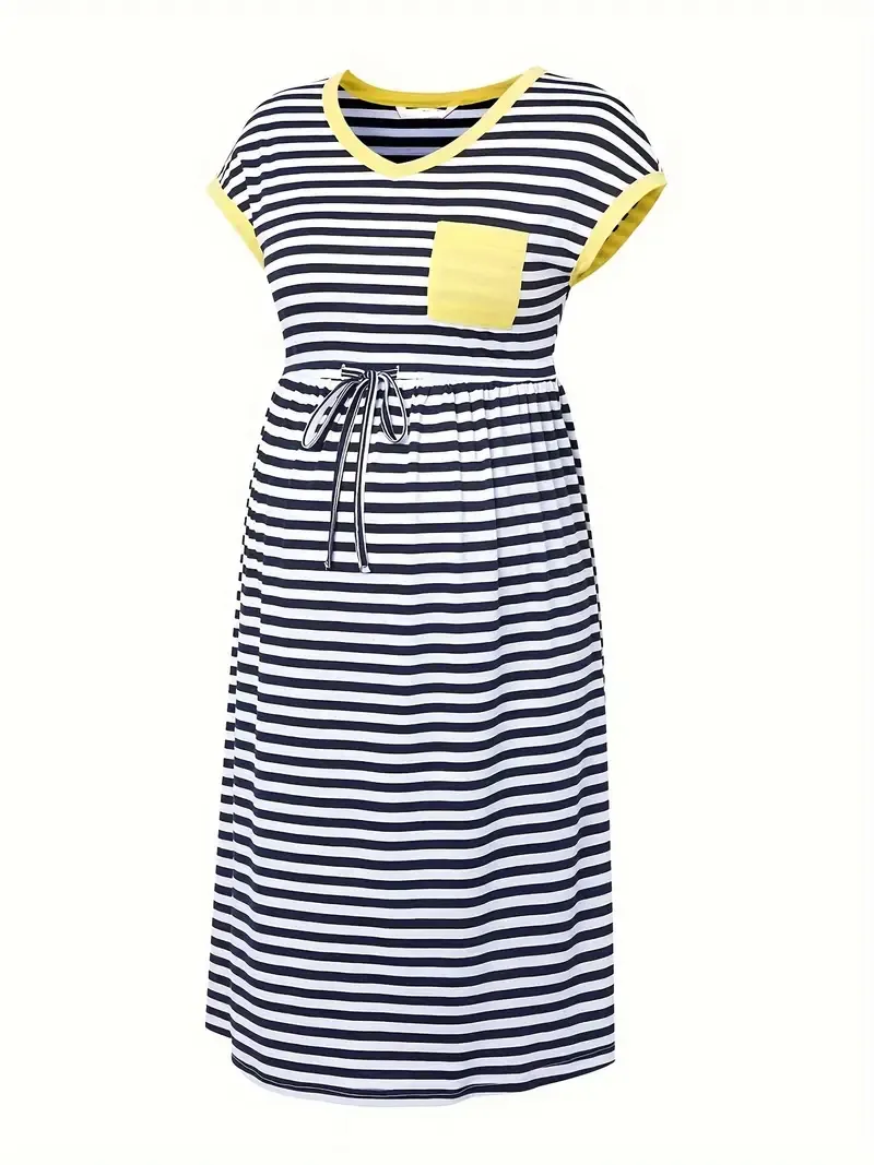 🔥🔥Hot Sale Promotion -Women's Striped Nursing Dress With Contrast Color Design, Casual Pregnancy Wear, Gender Reveal