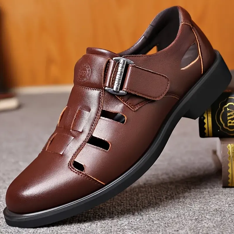 Men's Casual Hollow-Out Sandals - Comfortable & Stylish Business Shoes With Magic Tape Closure, Non-Slip Rubber Sole