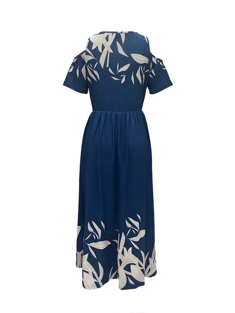 Loose Maxi Plant Print Cold Shoulder Dress with Pocket, V Neck Short Sleeve Vacation Dress for Spring & Summer, Women's Clothing